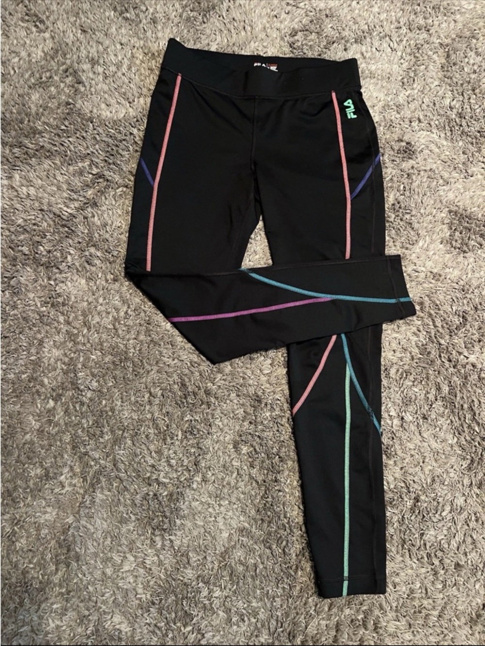 Fila Black Leggings with Pink, Blue, and Green Piping Women’s medium neon stitch